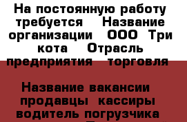 На постоянную работу требуется: › Название организации ­ ООО “Три кота“ › Отрасль предприятия ­ торговля › Название вакансии ­ продавцы, кассиры, водитель погрузчика, грузчики - Приморский край, Артем г. Работа » Вакансии   . Приморский край,Артем г.